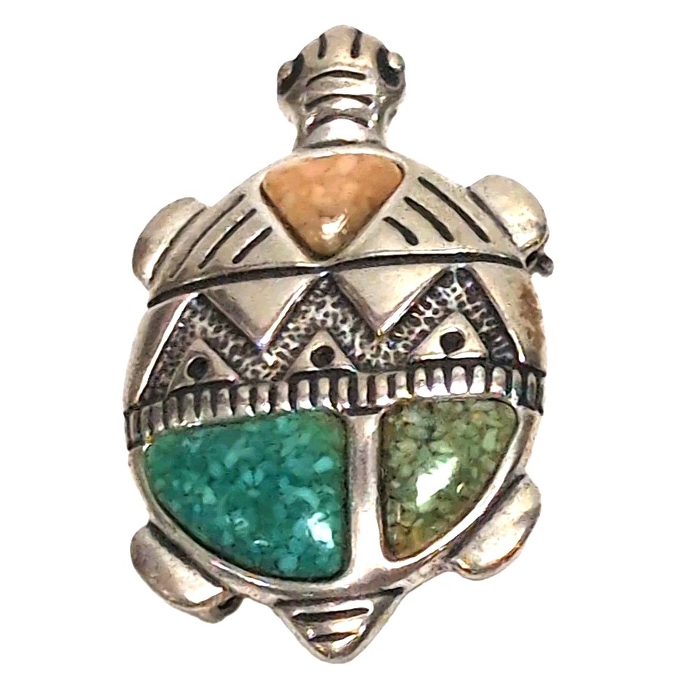 Carolyn Pollack Sterling Silver Turtle Brooch Pendant Turquoise Gemstone Inlay
